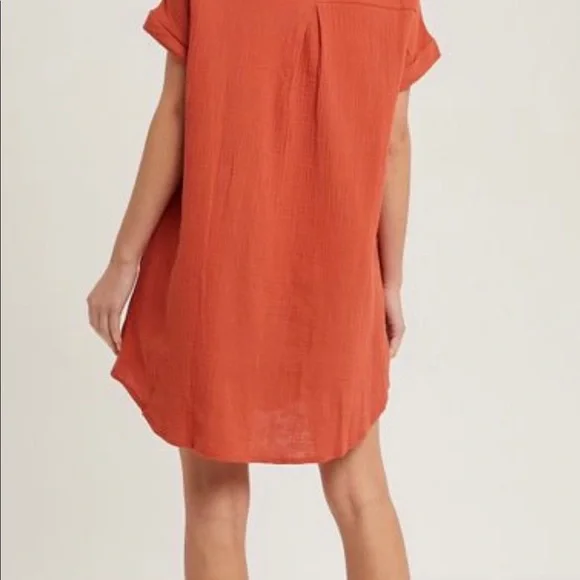 NWT Woman Owned Designer BluIvy Button Up Shirt Dress with Pocket, Terracotta - Picture 4 of 4